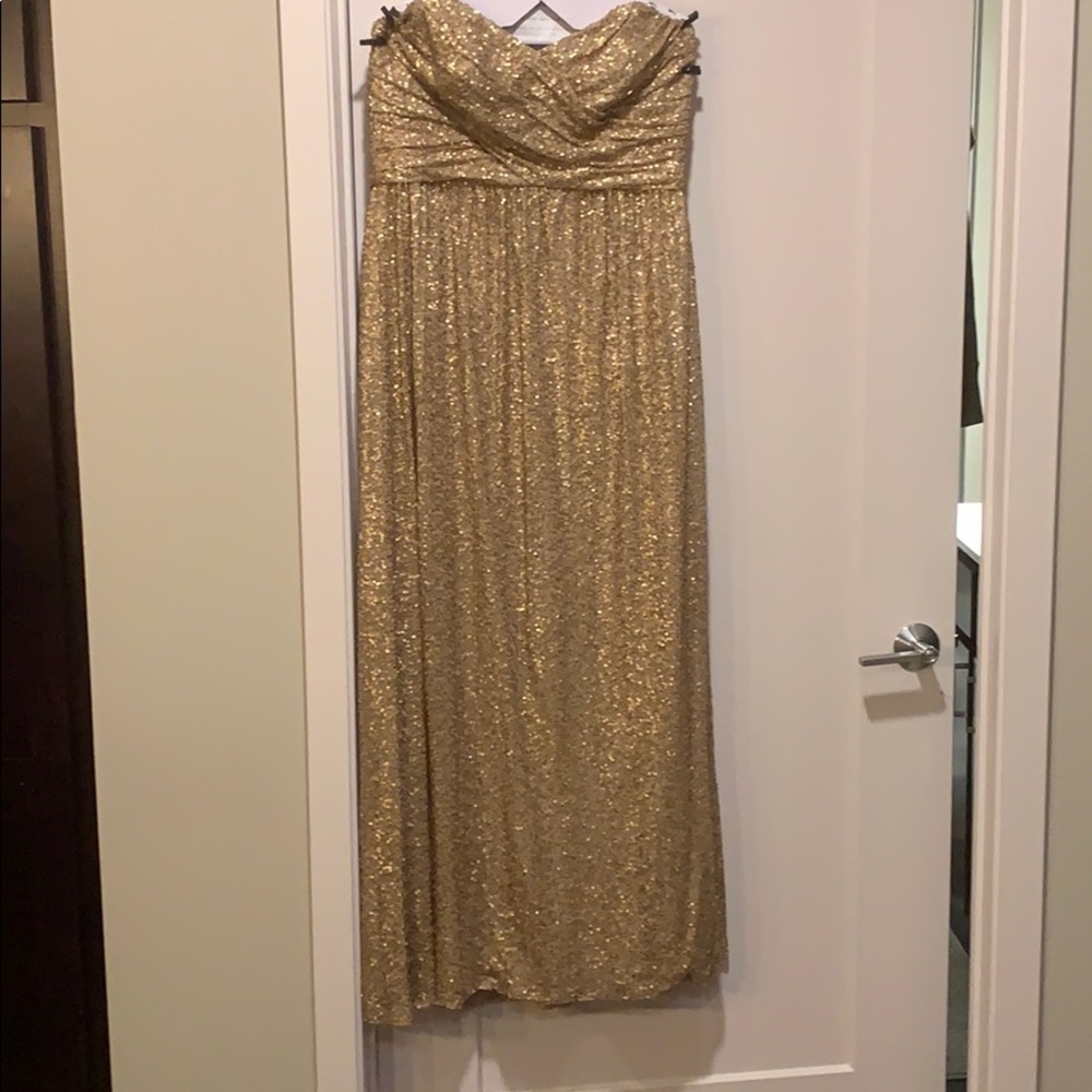 Amsale gold sequin bridesmaid dress